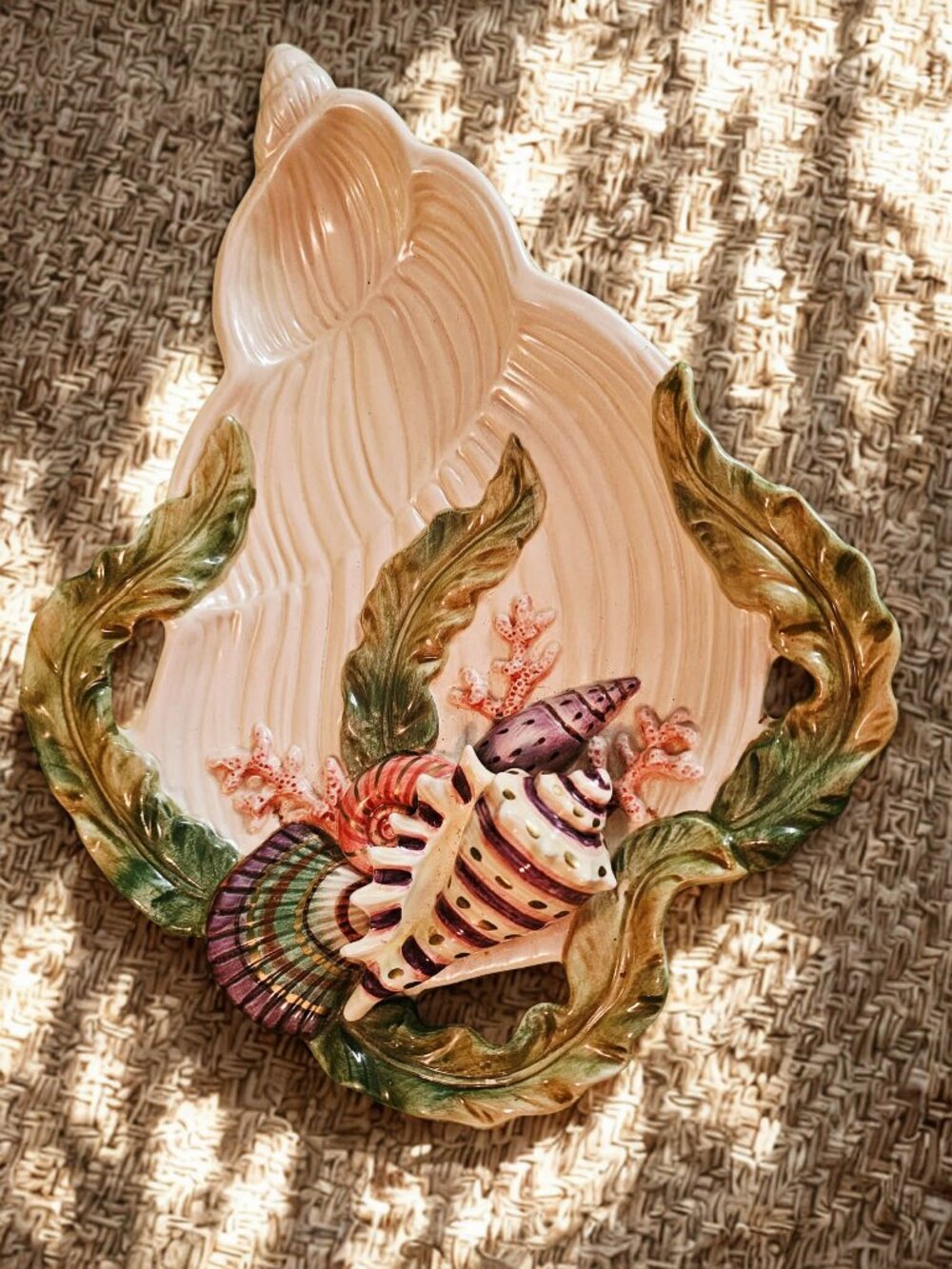 Vintage Fitz & Floyd Oceana Majolica ceramic conch seashell serving tray